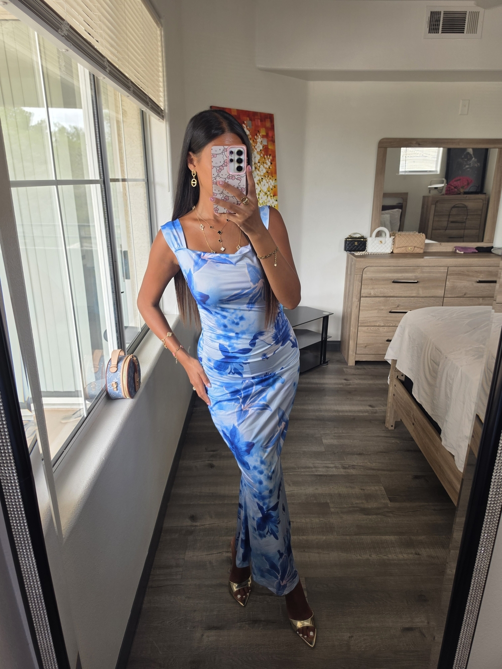 Blue Floral Satin Slip Dress - Sleeveless Maxi